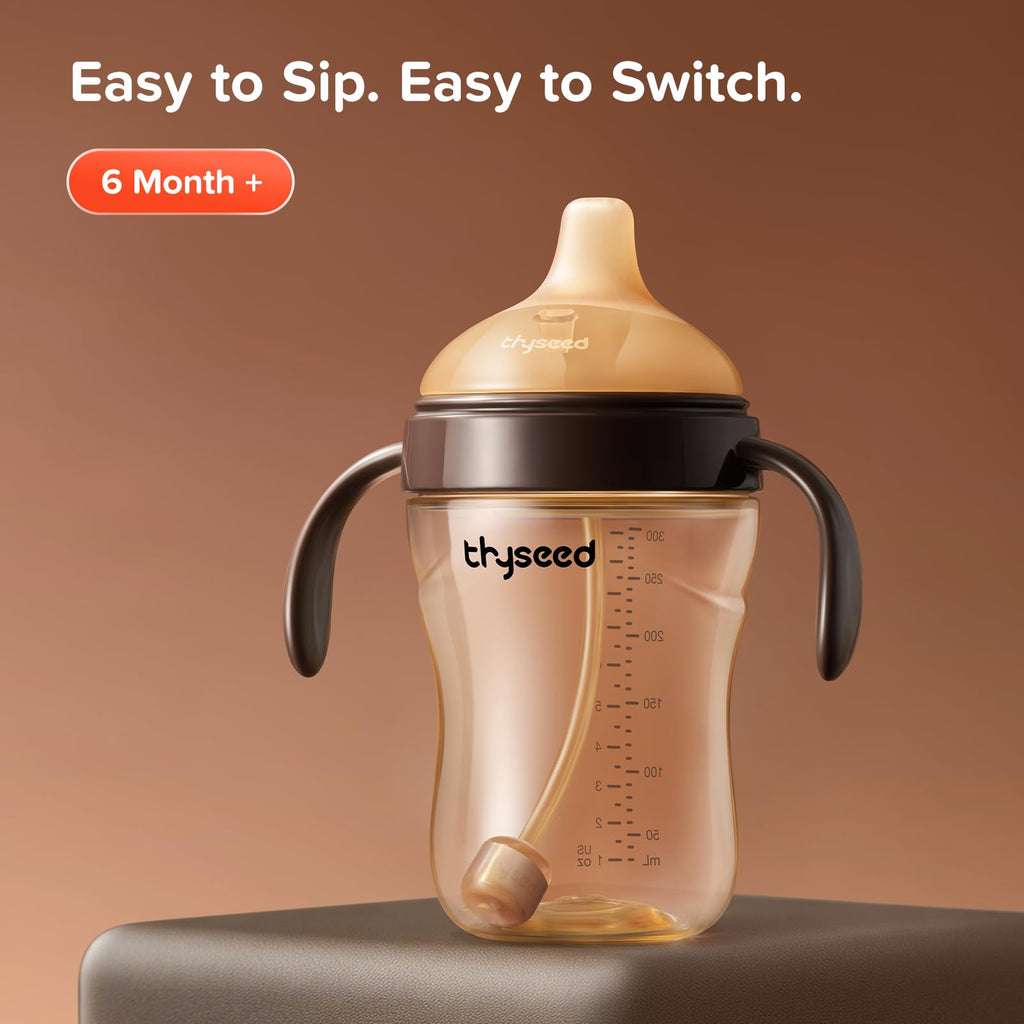 Thyseed Spill-Proof Weighted Straw Sippy Cup, Baby Transition Trainer, Soft Silicone Spout, BPA-Free, 6m+, 10 oz, 1 Pack