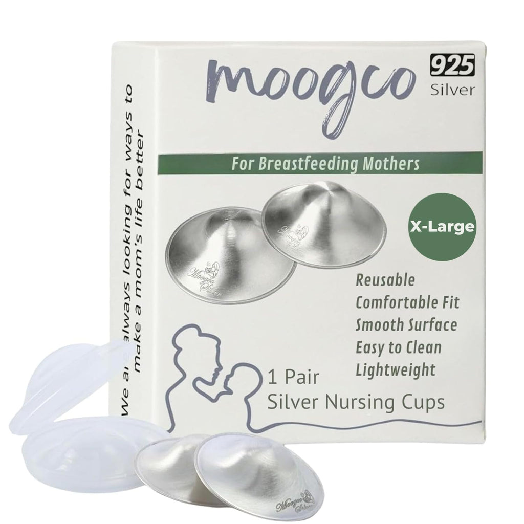 MOOGCO The Original Silver Nursing Cups - Nipple Shields for Nursing Newborn - Breastfeeding Essentials - Newborn Essentials Must Haves - Nipple Covers Breastfeeding - 925 Silver (X-Large)