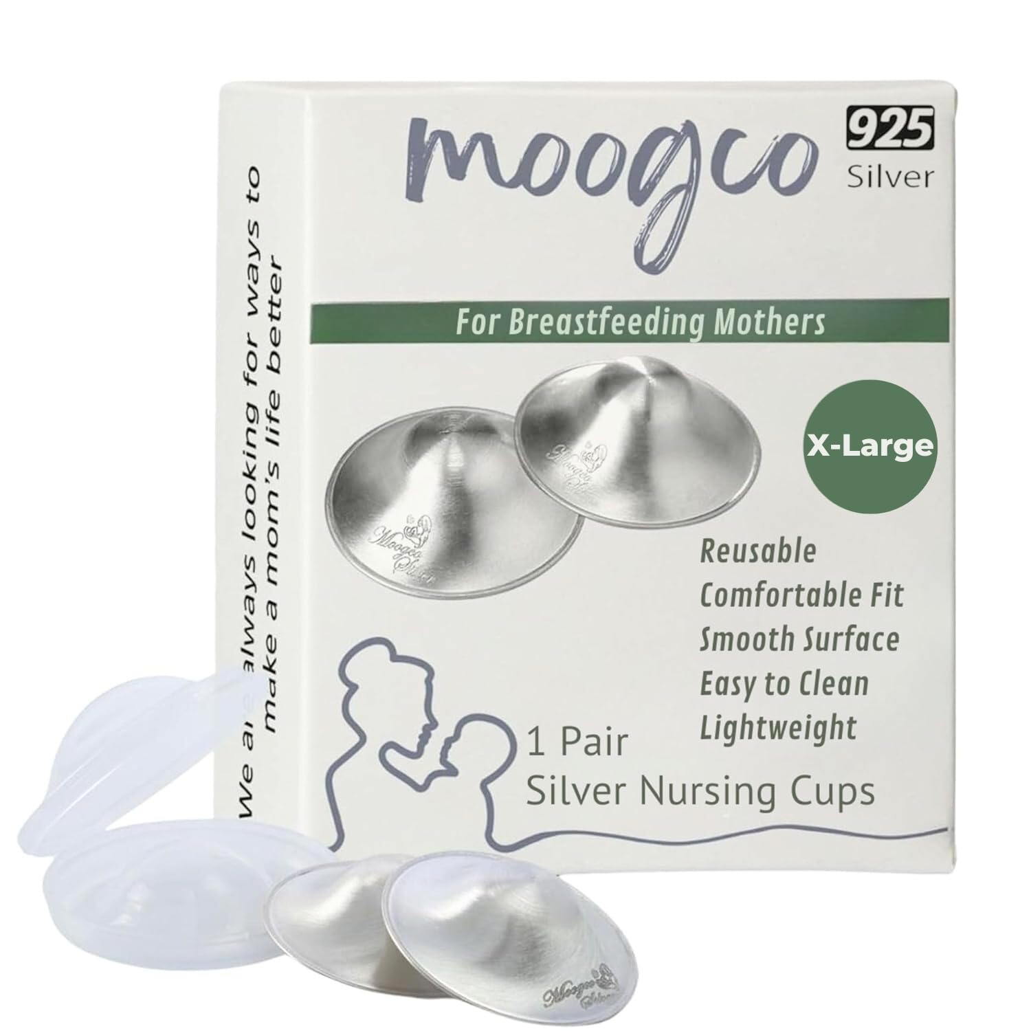 MOOGCO The Original Silver Nursing Cups - Nipple Shields for Nursing Newborn - Breastfeeding Essentials - Newborn Essentials Must Haves - Nipple Covers Breastfeeding - 925 Silver (X-Large)