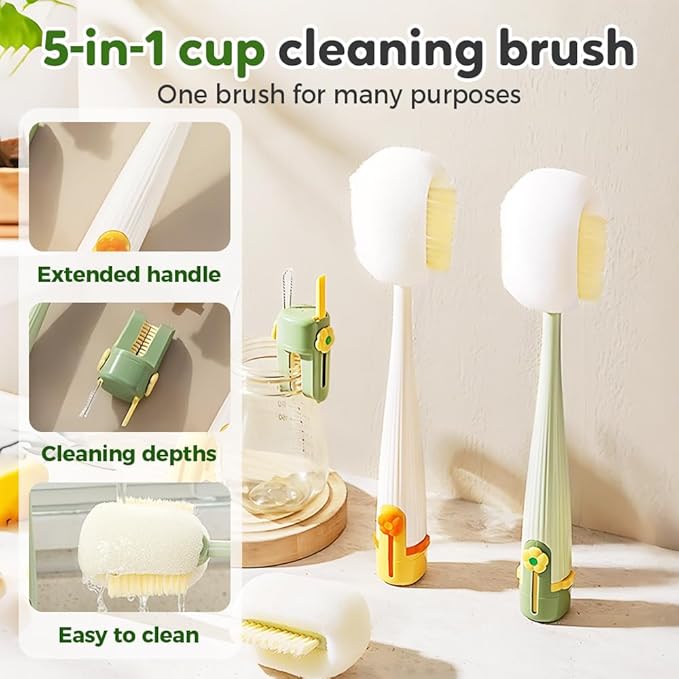5 in 1 Bottle Cleaning Brush, Multifunctional Water Bottles Cleaner Brushs Portable Bottle and Lid Cleaning Brush Tool, Straw Cleaner Brushs for Baby Bottles Tumblers Glass Cups (2, Green)
