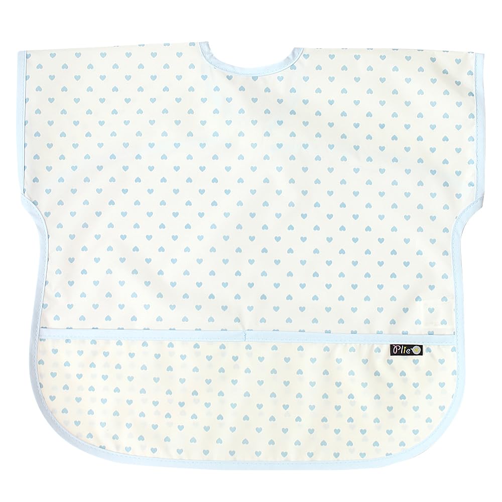 Plie Short Sleeve Waterproof Bib for Toddlers – Easy Clean Feeding Apron for Mealtime, Daycare, Self-Feeding & Messy Play, Lightweight BPA-Free Baby Bib (6–24 Months) - Blue Heart