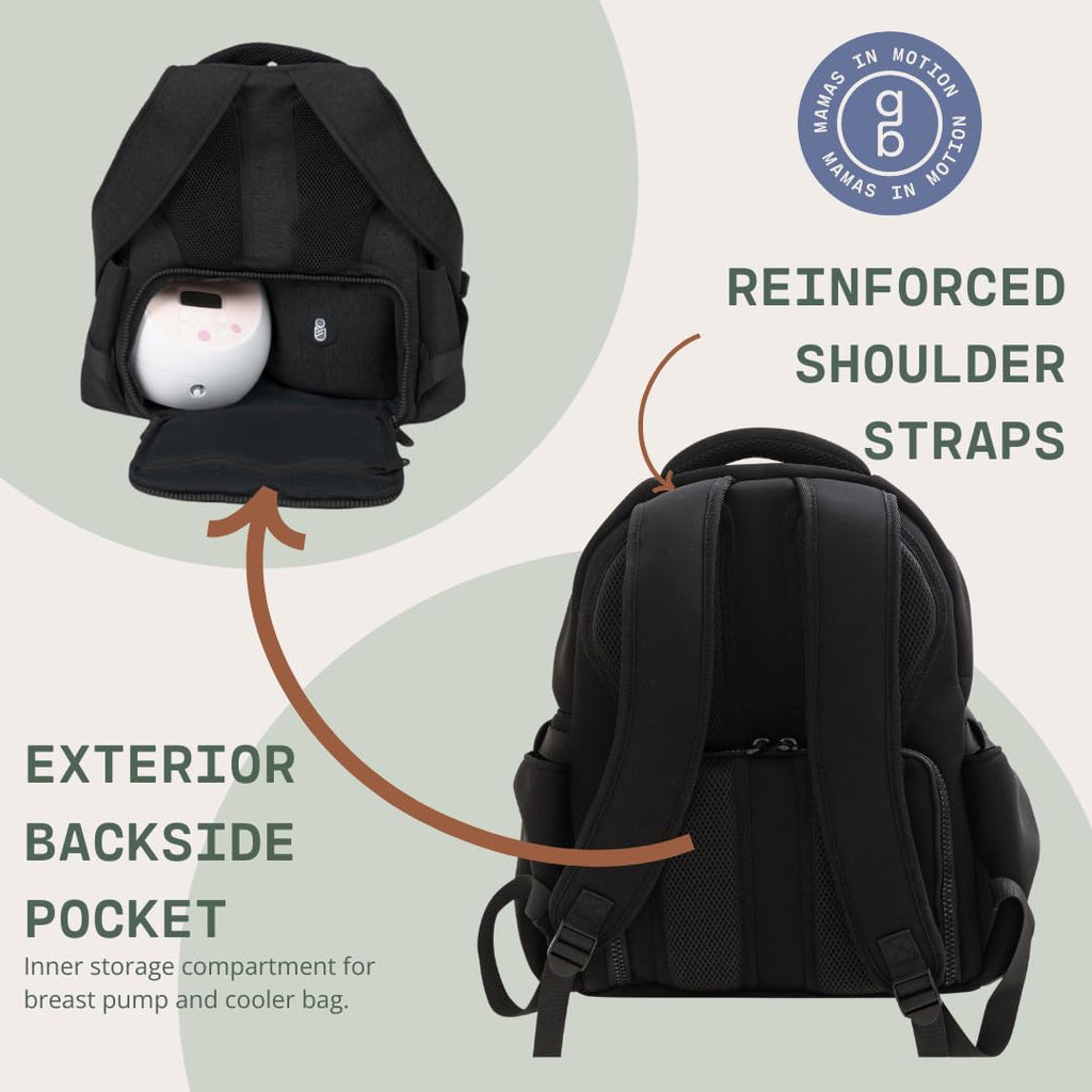 Gearbaby Breast Pump & Diaper bag Compatible with Spectra S1, S2, Medela, Neoprene Wearable Baby Breast Milk cooler Travel Diaper Bag Backpack for Working Mom and Family with Changing Pad (Black)