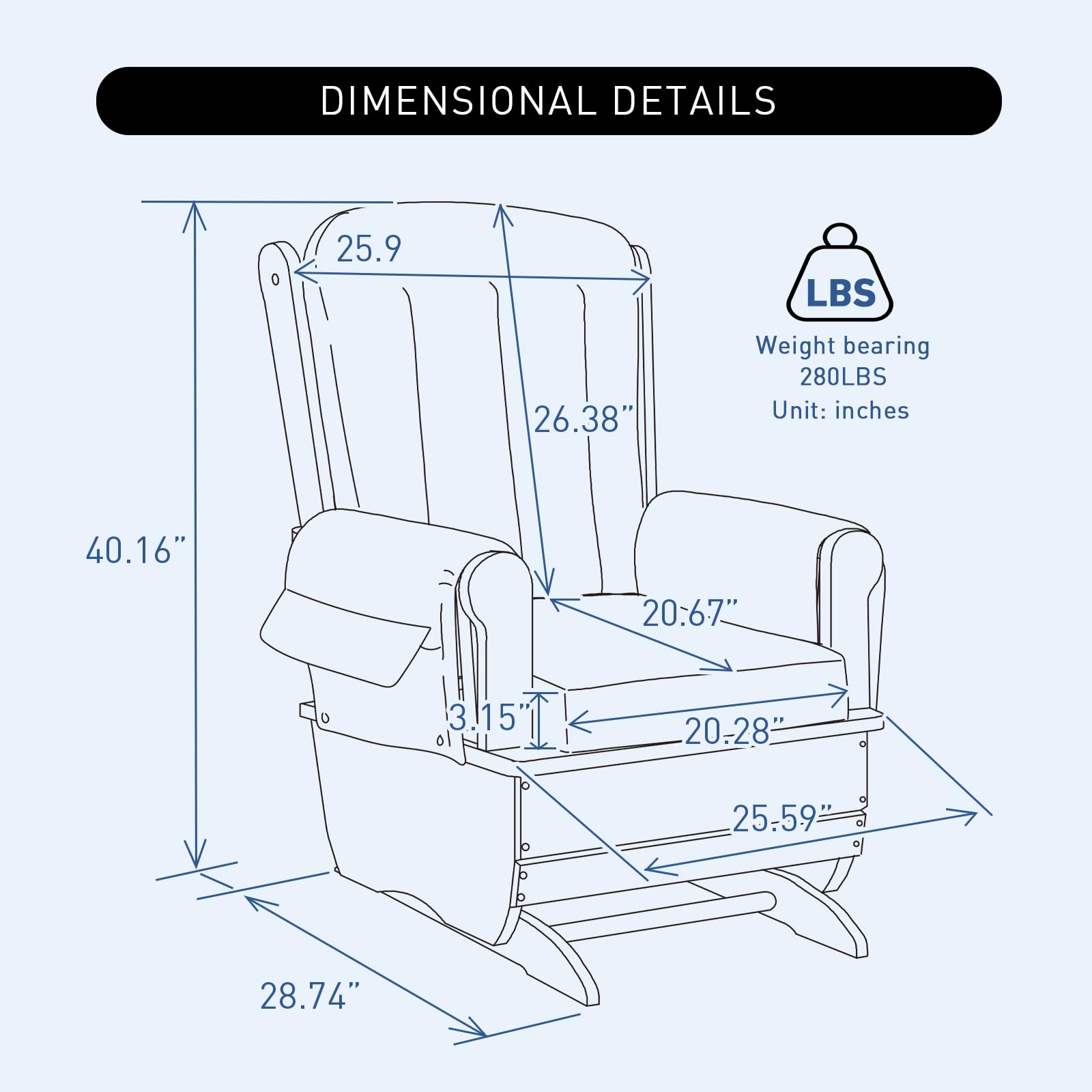 akucvor Glider Rocker Nursery Chair, Cut Pile Padded Seat, 280 lbs, Blue