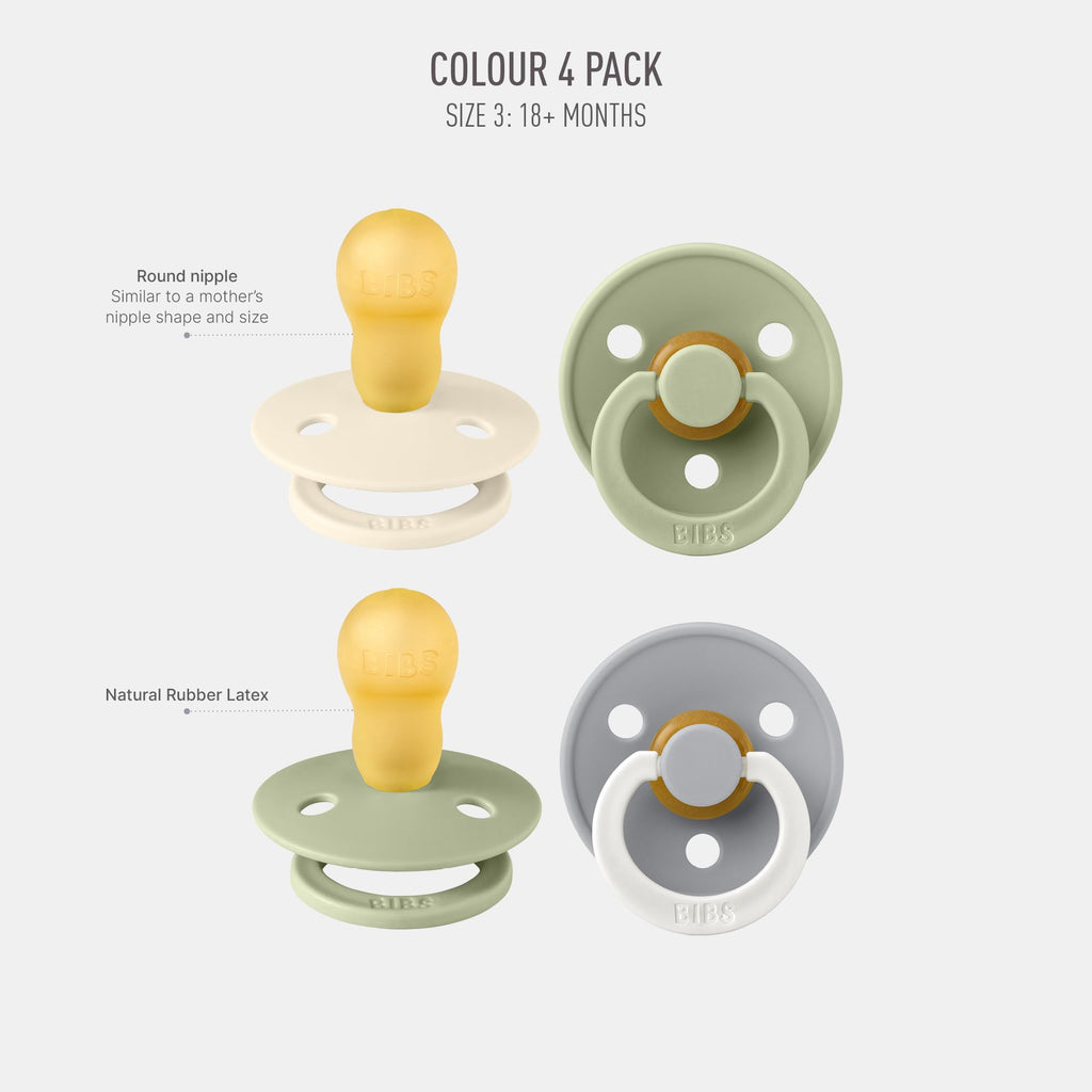 BIBS Color Pacifiers 4-Pack | BPA Free Soother Pacifier | Round Nipple | Natural Rubber Latex | Made in Europe | Size 18-36 Months | Sage Glow Mix