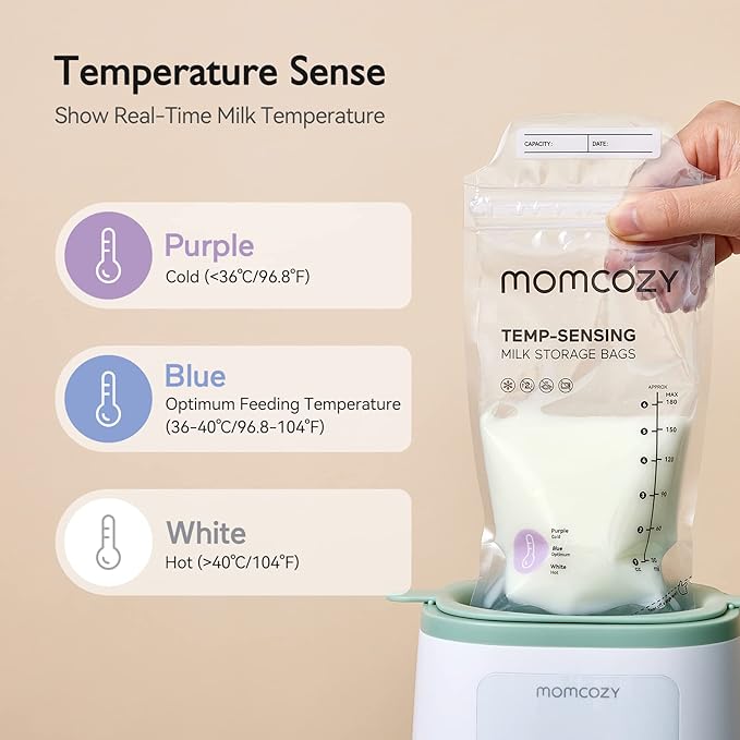 Momcozy Breastmilk Storing Bags, Temp-Sensing Discoloration Milk Storing Bags for Breastfeeding, Disposable Milk Storage Bag with 6 Ounce Self Standing, No-Leak Milk Freezer Storage Pouches, 50pcs