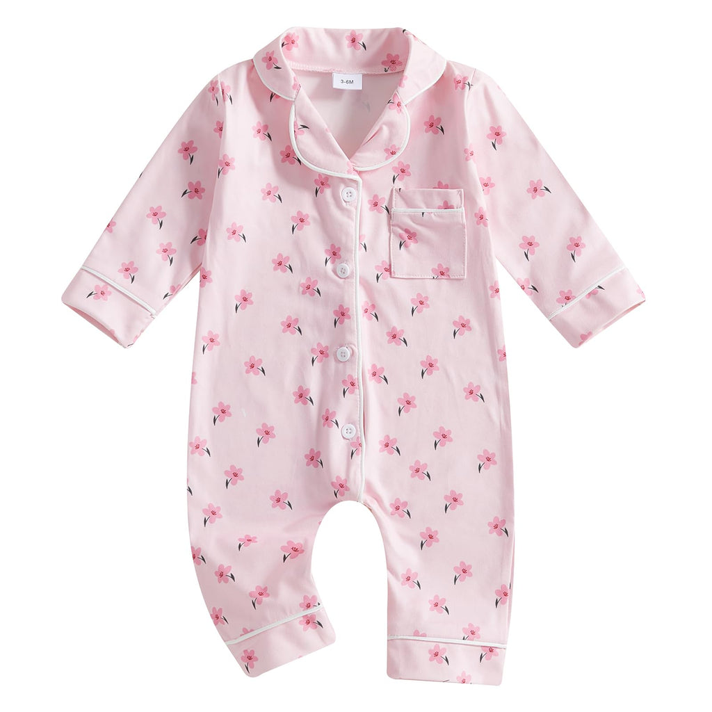 Balaflyie Baby Girl Button Down Pajamas Romper One-Piece Jumpsuit Long Sleeve Sleeper Infant Sleepwear (Wildflower&Pink,18-24 Months)