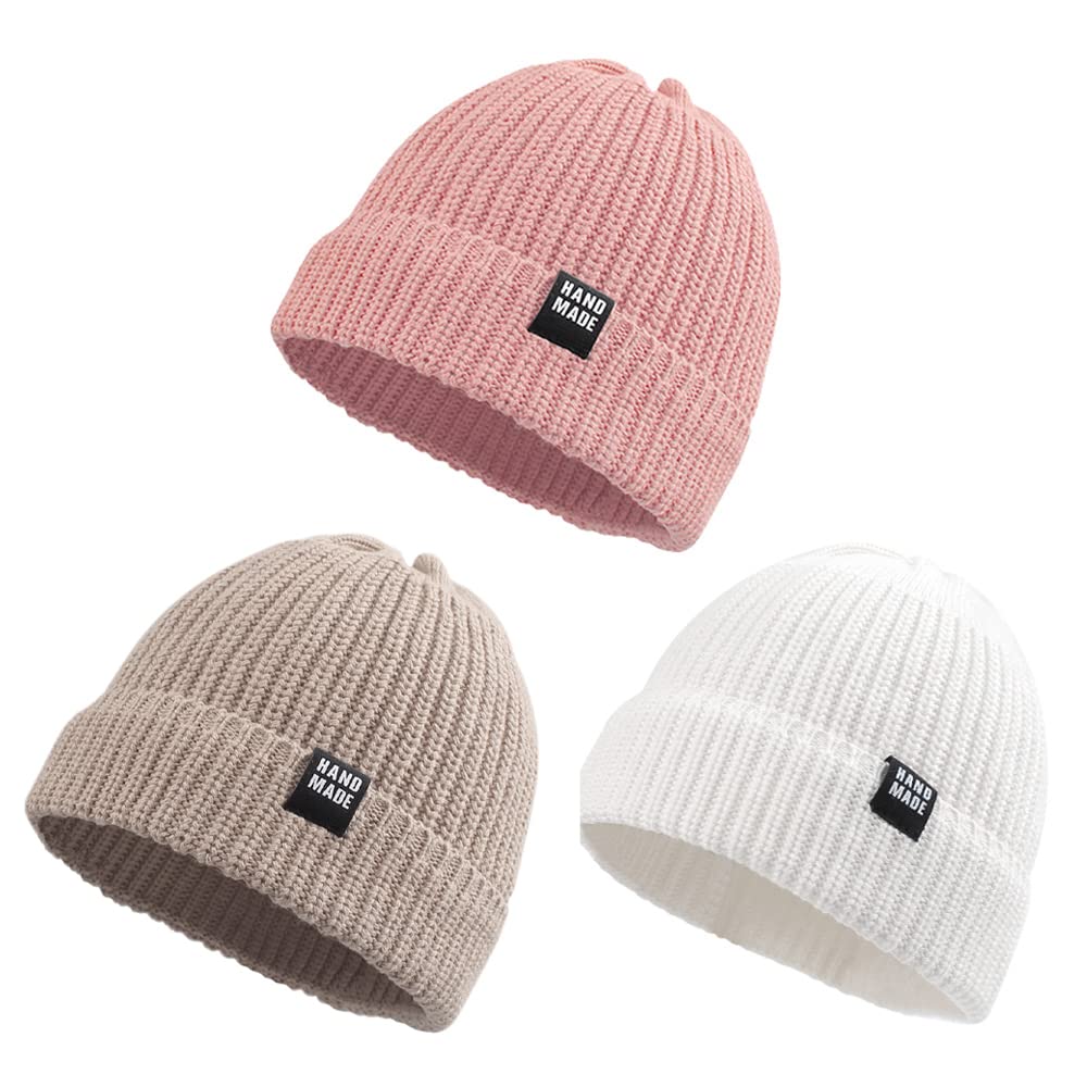 JANGANNSA Simple Knitted Baby Beanie Hip-Hop Boys Winter Hat Toddler Kids Bonnet for Girls 0-5Y (White+Pink+Beige, M)