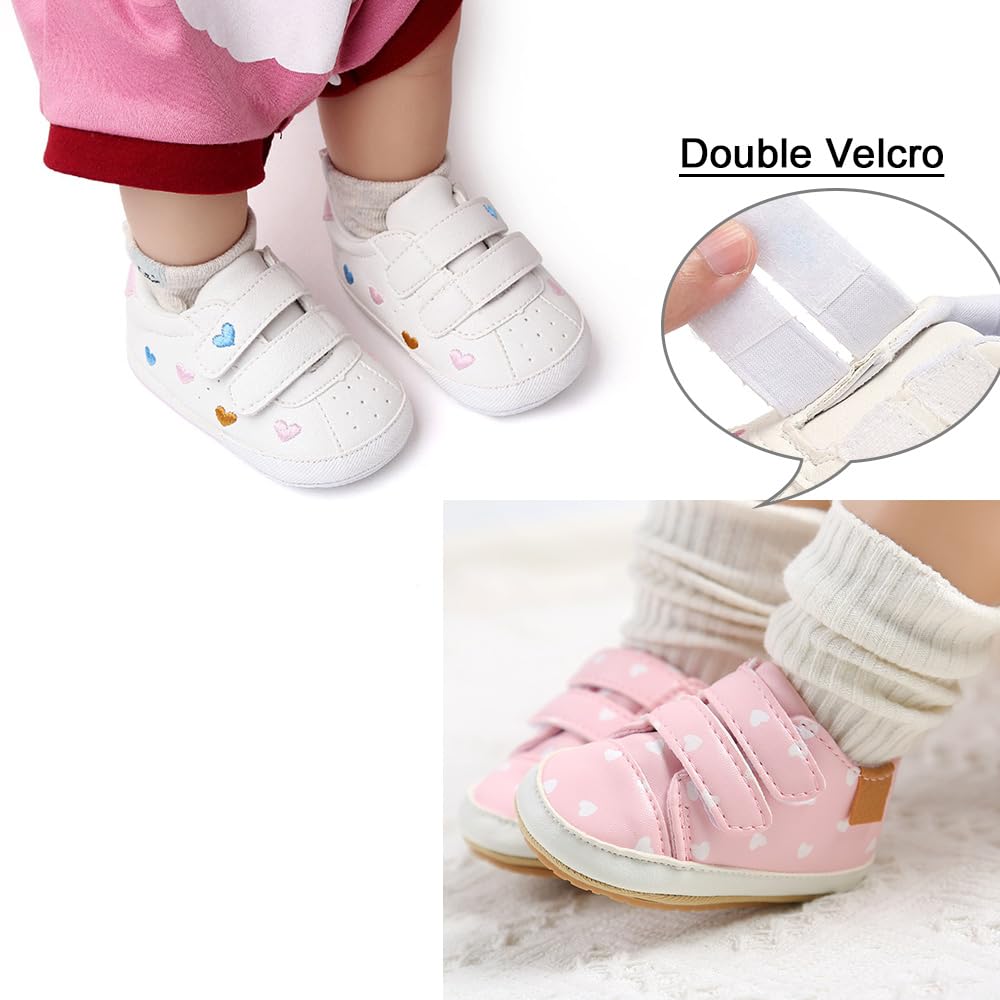 Clowora Baby Boys Girls Shoes Non-Slip Rubber Sole Sneakers Infant First Walking Toddler Crib Shoes Newborn Loafers Flats. (11/2 Pairs_Multi Color+Pink Heart,0-6 Months)