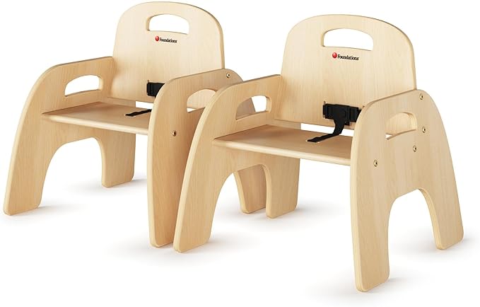 Foundations Simple Sitter Low Wood Feeding Chairs Multipack, Wide No-Tip Base, Adjustable Safety Harness, Stackable Wood Toddler Chairs with Food Service Grade Finish, 2 Pack (9 inch)