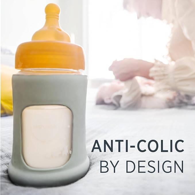 HEVEA Plastic-Free Wide Neck Glass Baby Bottle with Powder Pink Sleeve - Slow Flow Anti Colic Baby Bottles Newborn 0+ Months - BPA-Free, Single-Pack (5 Oz)