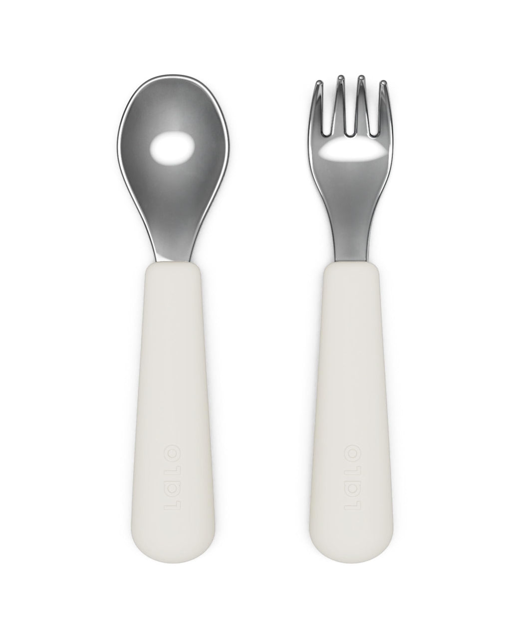 Lalo Utensils - Toddler Fork and Spoon Set - Stainless Steel and Silicone Ergonomic Toddler Utensils - Children Safe Flatware Set - 2 Pieces - Oatmeal