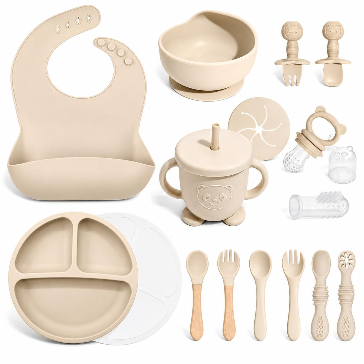Catvegue Silicone Baby Feeding Utensils Set for 6+ Months, 17 Pcs, Beige