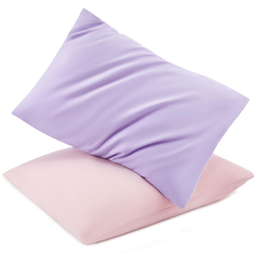TILLYOU Toddler Pillowcase 2 Pack with Envelope Closure,13" x 18" Silky Soft Microfiber Travel Kids Pillowcase for Boys and Girls,Light Purple & Light Pink