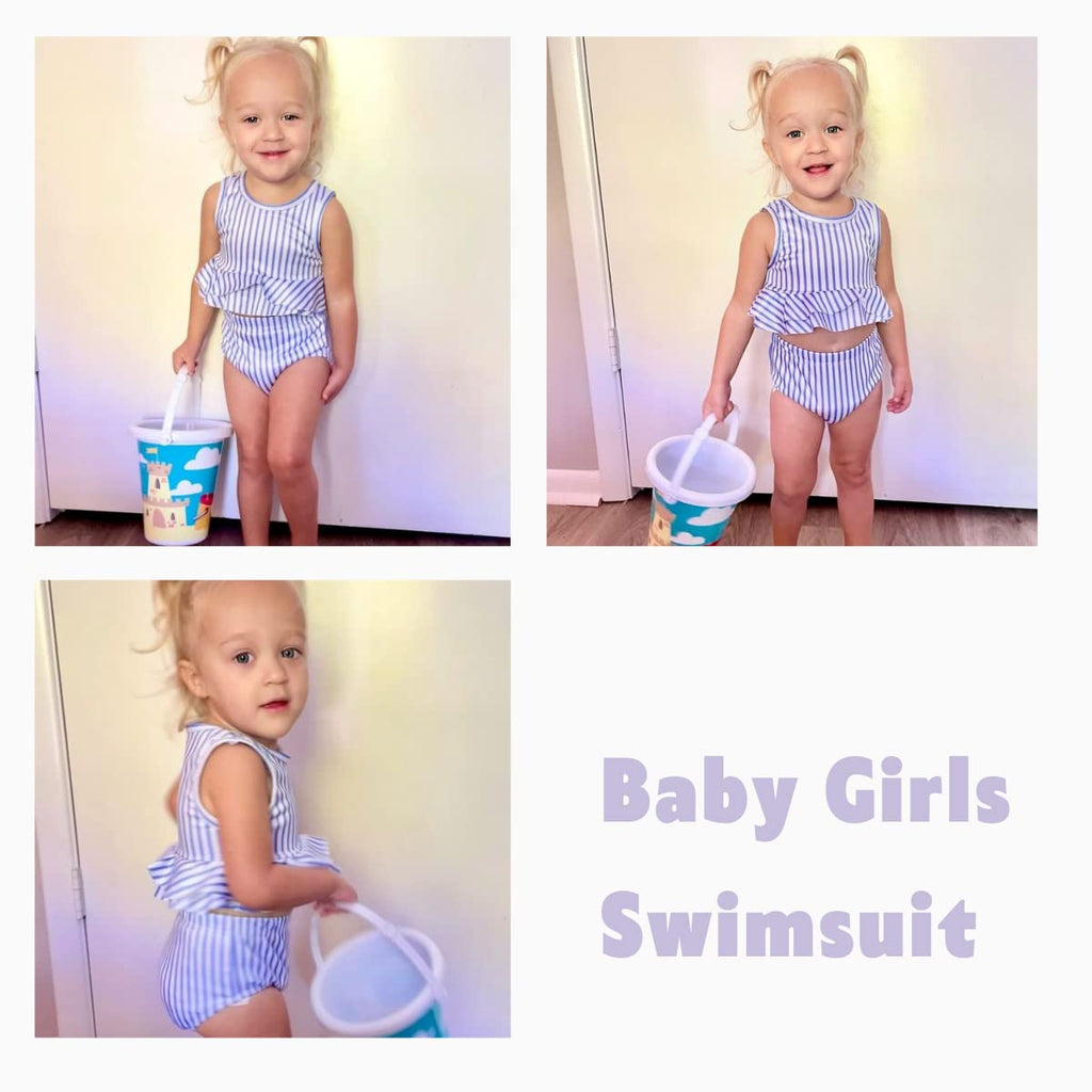 Aalizzwell Toddler Baby Girls Swimsuit Two Piece Striped Ruffle Bathing Suit Bikini Tops Bottoms Swimming Suit Swimwear Beach Wear Blue 18-24 Months