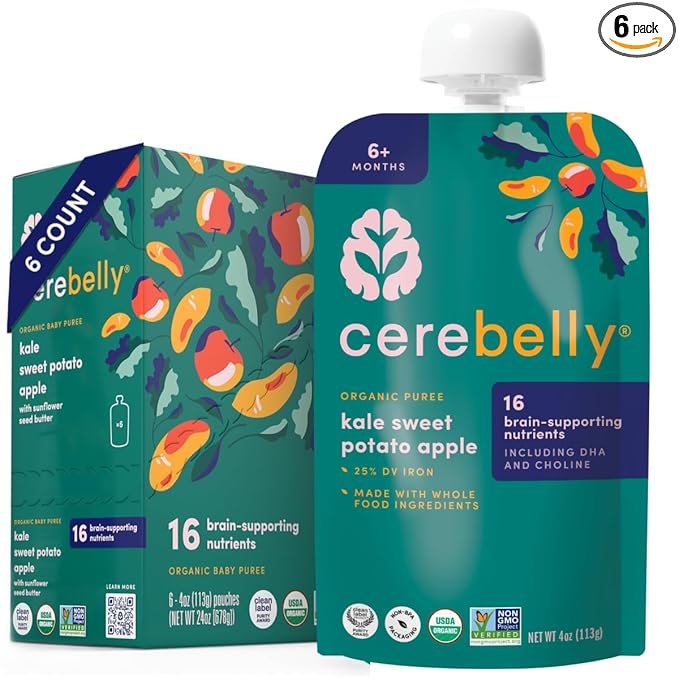 Cerebelly Organic Baby Food Pouches, Kale Sweet Potato Apple Purees, 16 Nutrients, No Added Sugar, Fiber & Non-GMO, 4oz, 6 Pack