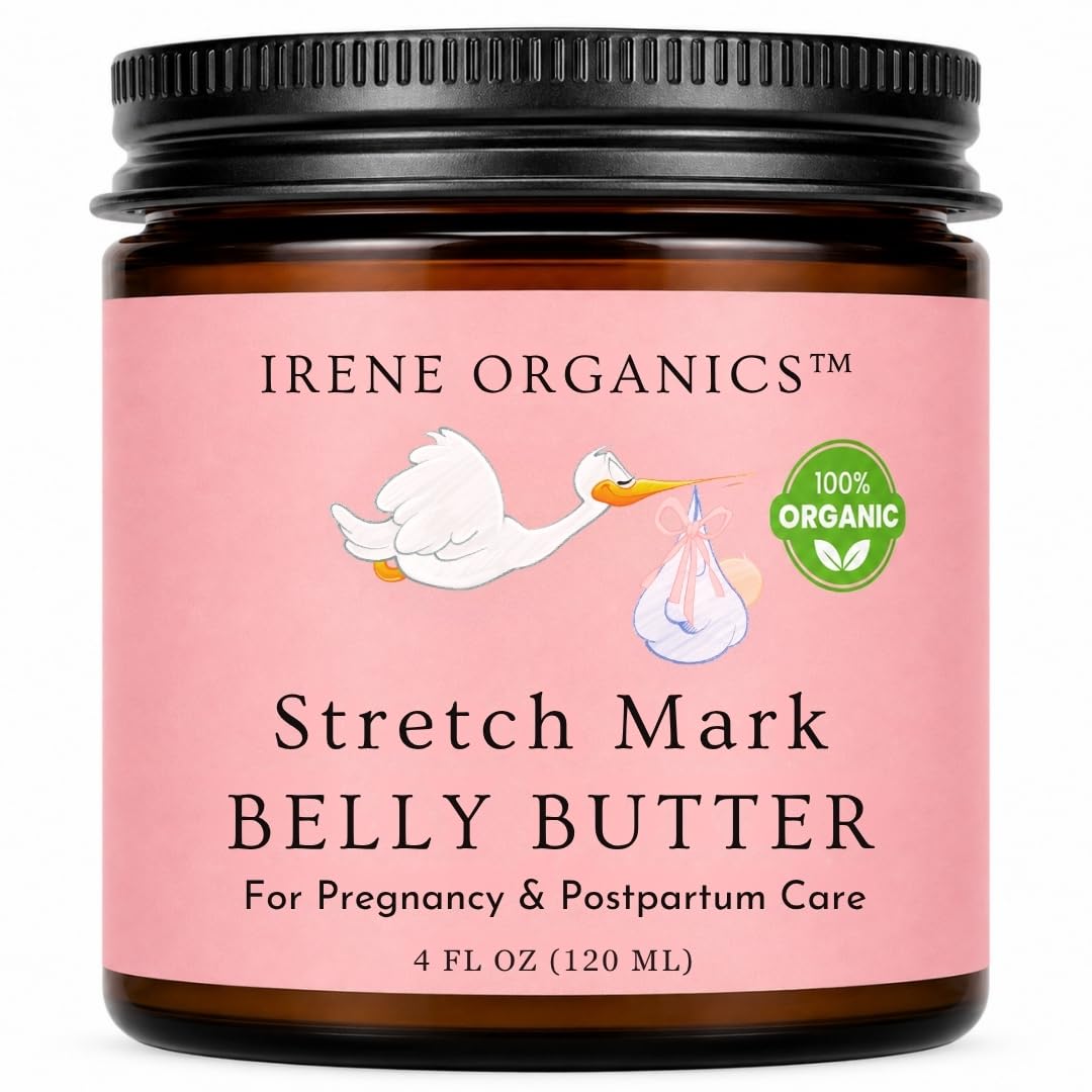 Organic Belly Butter for Pregnancy Stretch Mark Prevention and Treatment by Irene Organics - Award Winning Anti Stretch Mark Tummy Balm For Pregnancy and Postpartum 4oz - Hydrating Bump Cream