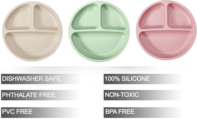 PandaEar 3 Pack Divided Unbreakable Silicone Baby and Toddler Plates - Non-Slip - Dishwasher and Microwave Safe - Silicone (Pink Green Light Tan)