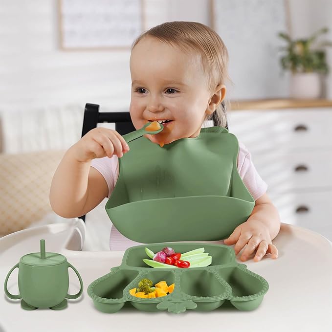 BXLL Olive Green 10 Pcs Baby Led Weaning Supplies - Silicone Baby Feeding Set with Suction Bowl, Divided Plate, Bibs, Fruit Feeder, Pacifier, Spoons, Forks, Sippy Cup & Snack Cup
