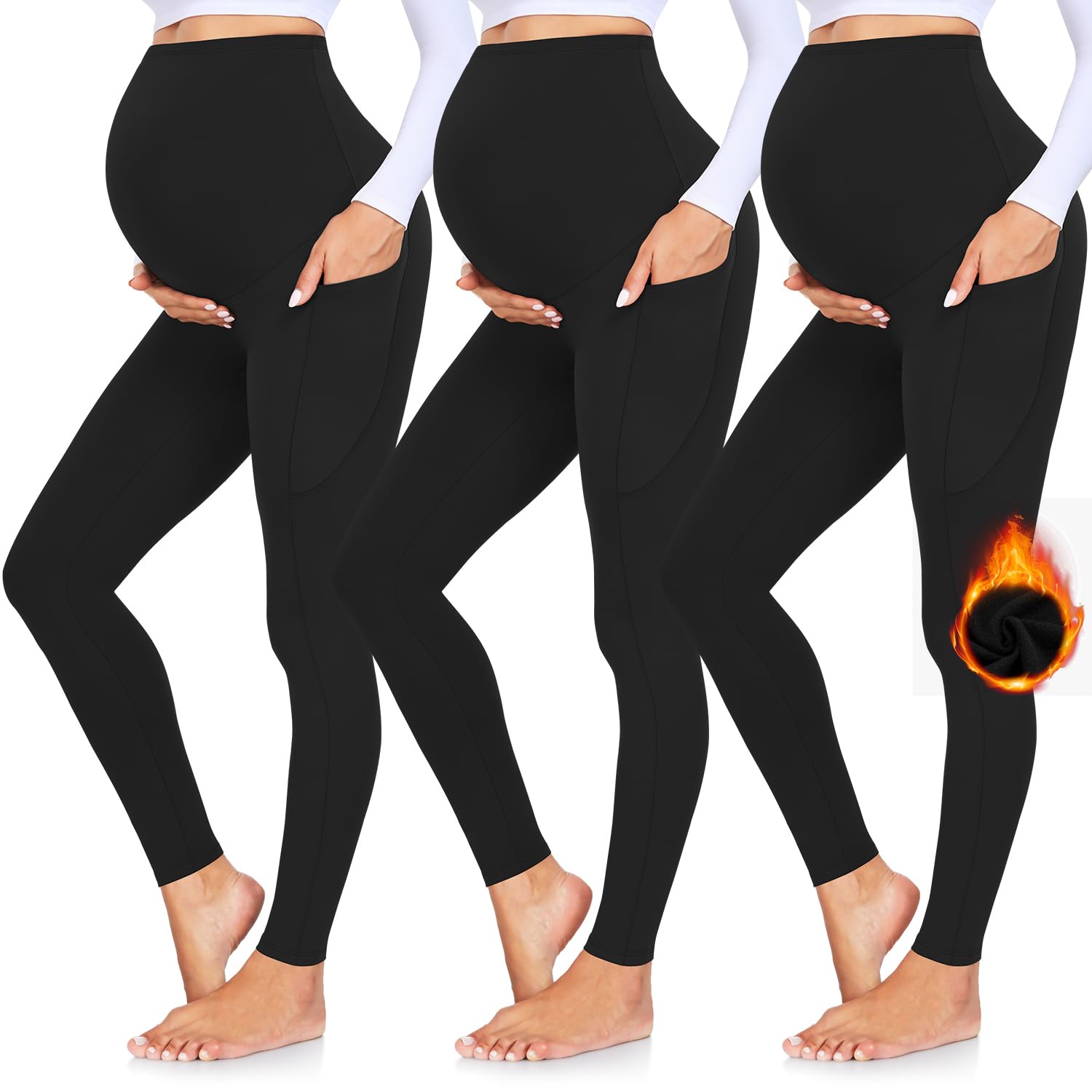 GROTEEN 3 Pack Fleece Lined Maternity Leggings with Pockets Over The Belly
