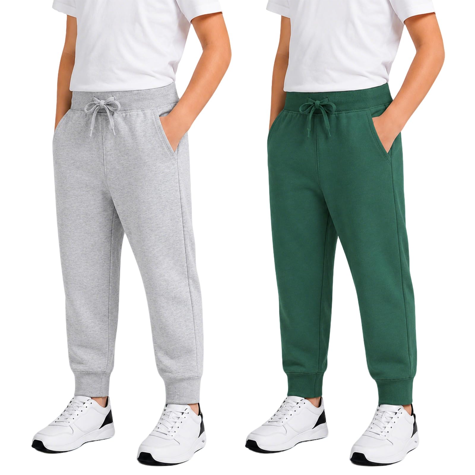 HUAER& Baby Boy's Jogger Pants Dinosaur Car Animal Print Drawstring Elastic Waist Sweatpants Cotton Toddler Athletic Pants 2-Pack (Dark Green + Light Gray,2-3T)