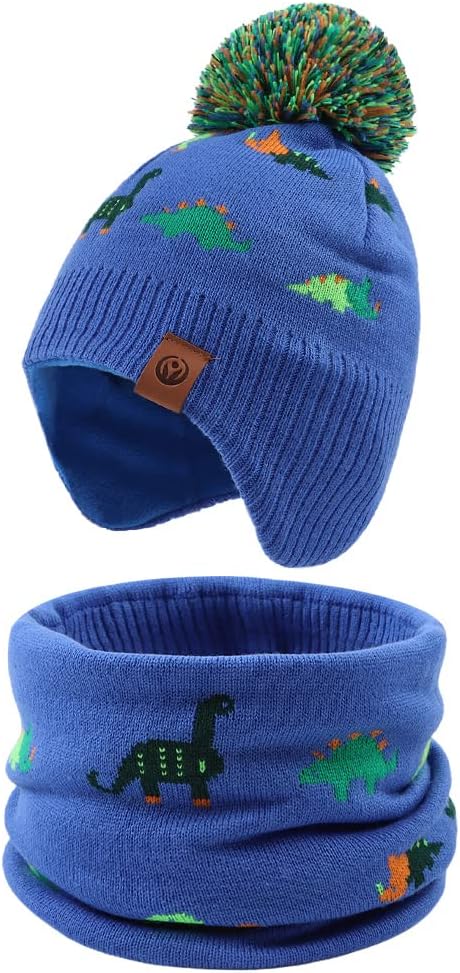 JANGANNSA Knitted Baby Hat Scarf Set Winter Warm Boys Girls Beanie Fleece Lining Toddler Kids Hats with Pompom