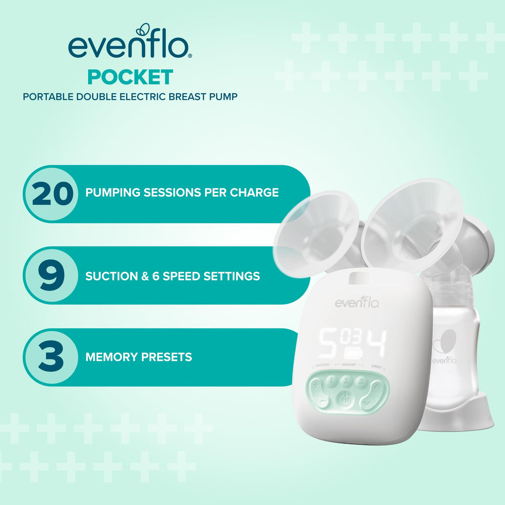 Evenflo Pocket Portable Double Electric Breast Pump, White, 20 Pumping Sessions per Charge, 9 Suction Settings, 3 Memory Presets