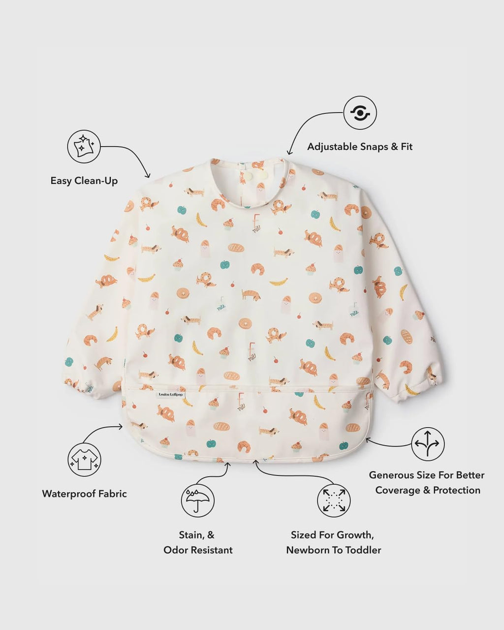 Loulou Lollipop Long Sleeve Bib for Babies & Toddlers – Waterproof, Wipeable, Easy to Clean, Spill Proof Full Sleeve Feeding Bib with Adjustable Fit, 6-36 Months Old - French Breakfast