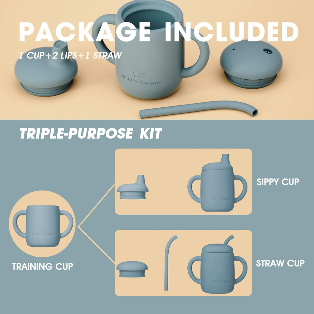 Cuddle Campus Sippy Cups 7OZ, [4 in 1] Baby Cups, Shatterproof Silicone Straw Cup,Open Cup for 6M, 6M+,6-12 Months,1/1+ Year Old Baby,Toddler