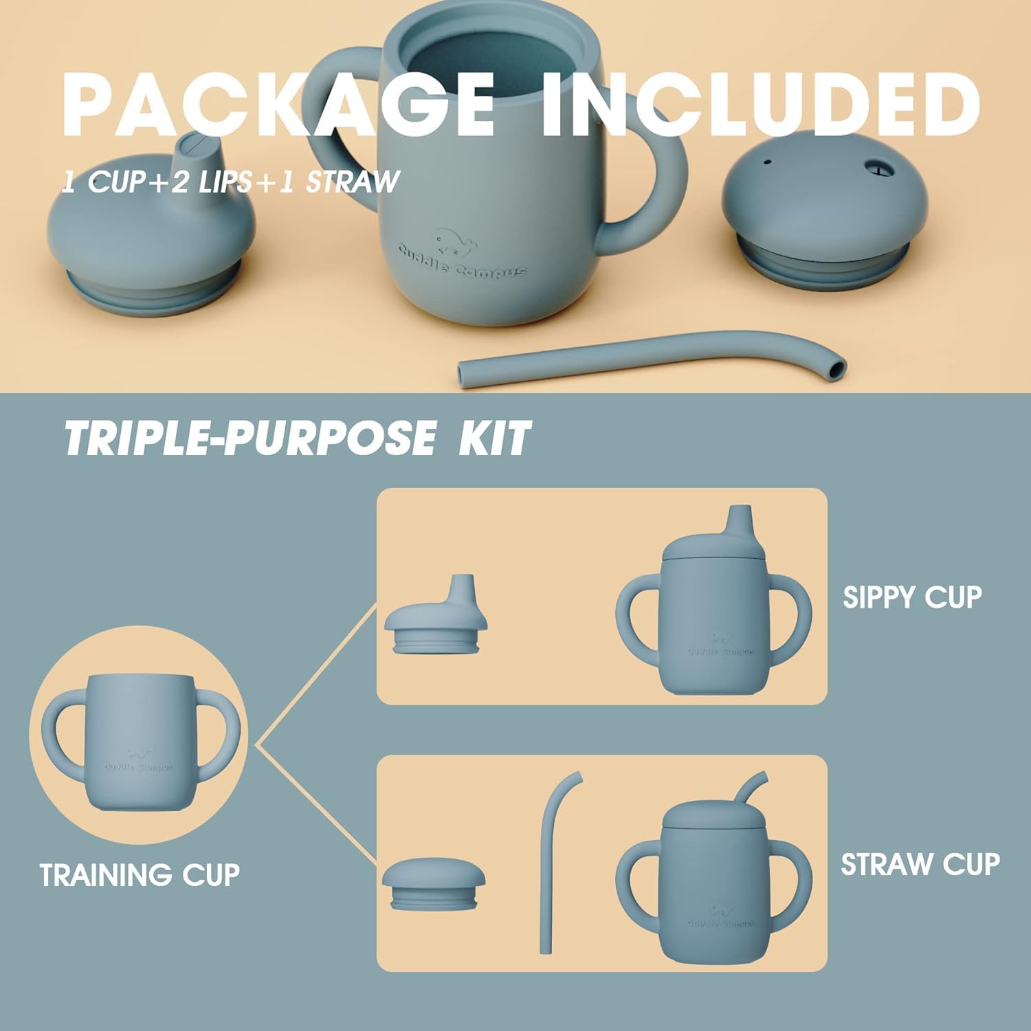 Cuddle Campus Sippy Cups 7OZ, [4 in 1] Baby Cups, Shatterproof Silicone Straw Cup,Open Cup for 6M, 6M+,6-12 Months,1/1+ Year Old Baby,Toddler