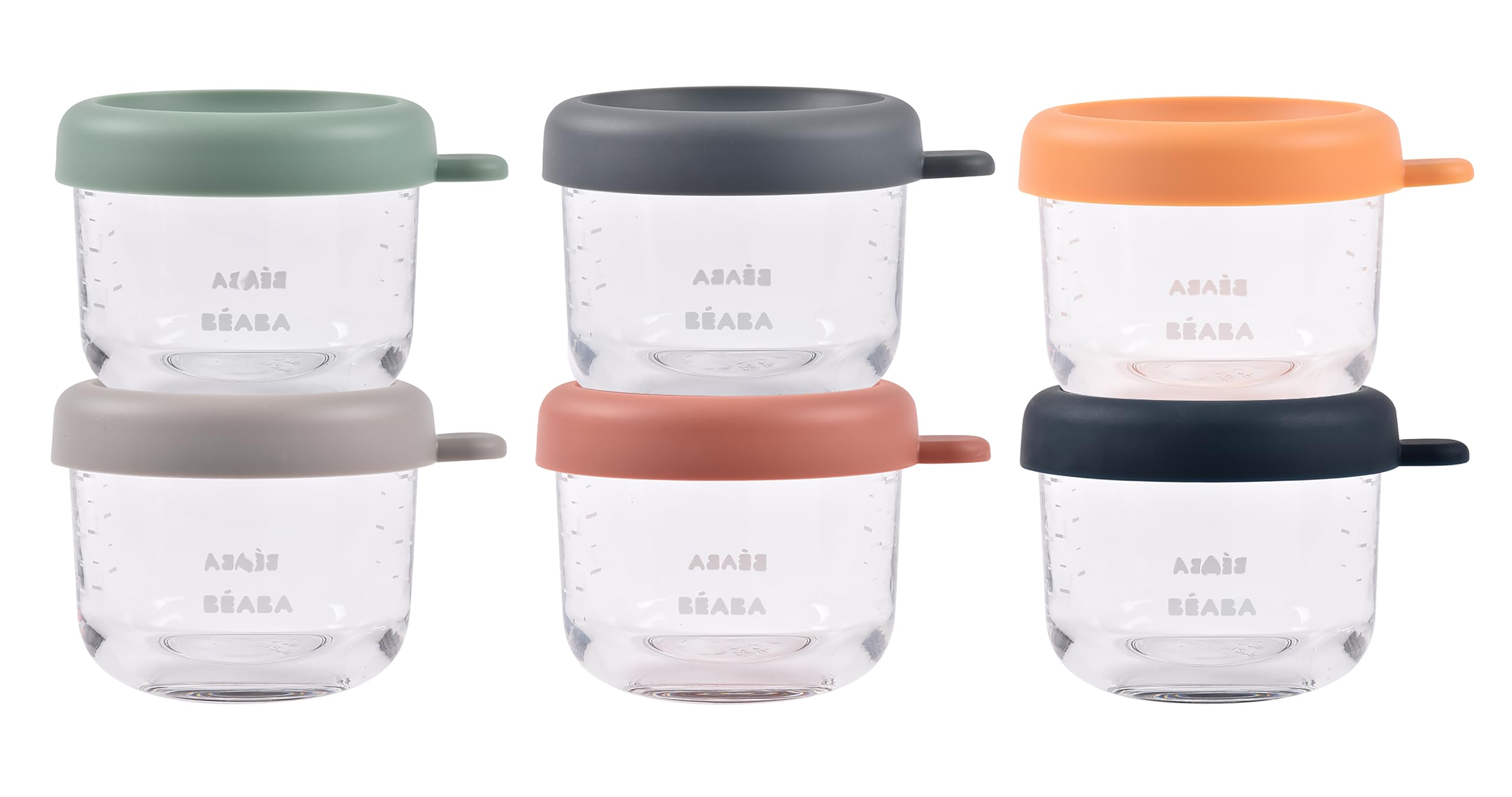 BEABA 6 Pack Glass Baby Food Jars with Soft Silicone Air Tight Lids, 5 oz Glass Storage Containers with Lids, Microwave and Freezer Safe Containers, Sunrise