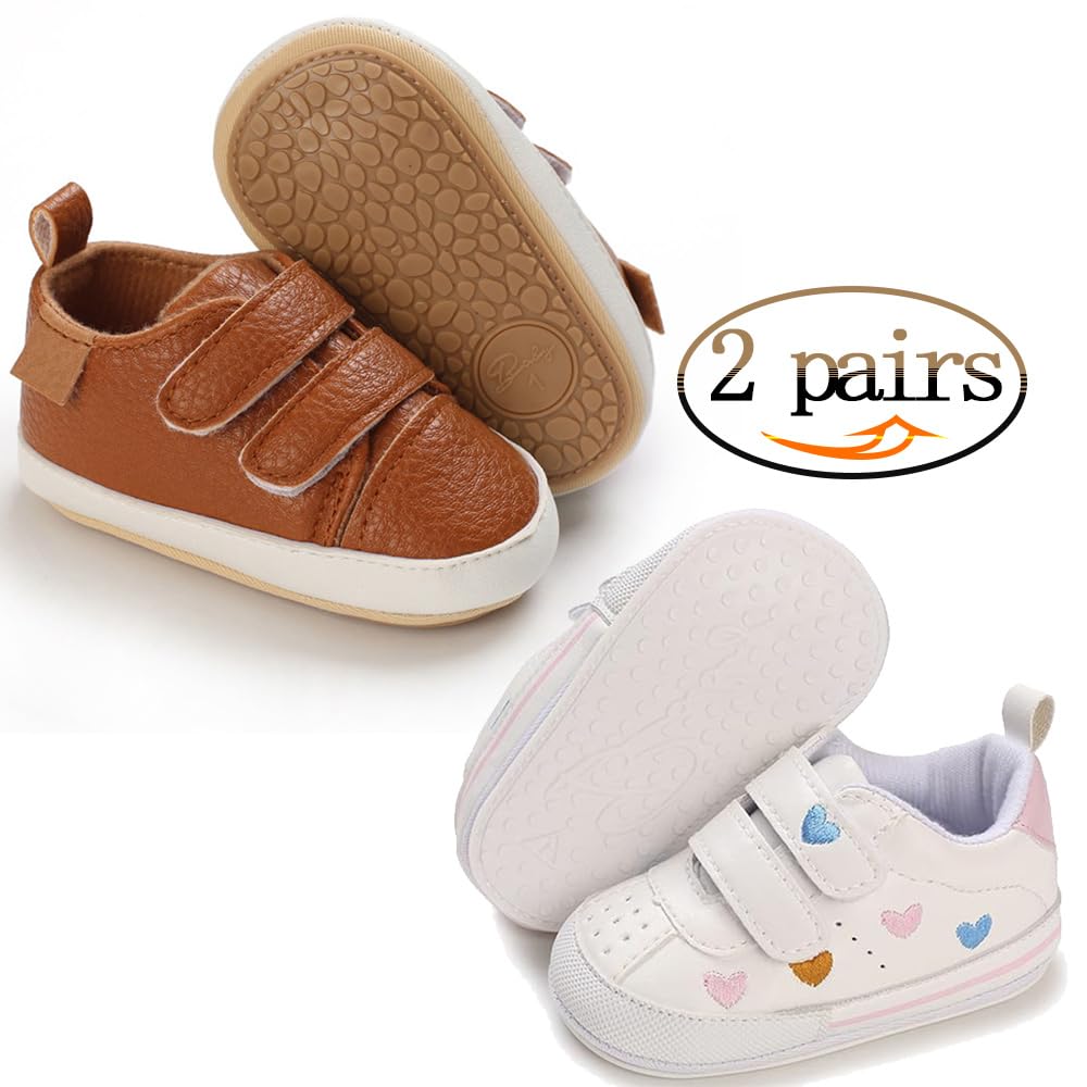 eitwo 2Pairs Baby Shoes,Boys Girls Non-Slip Rubber Sole Sneakers,Unisex Infant Soft Lightweight First Walking Crib Shoes (2Pairs_Heart+Brown,12-18 Months)