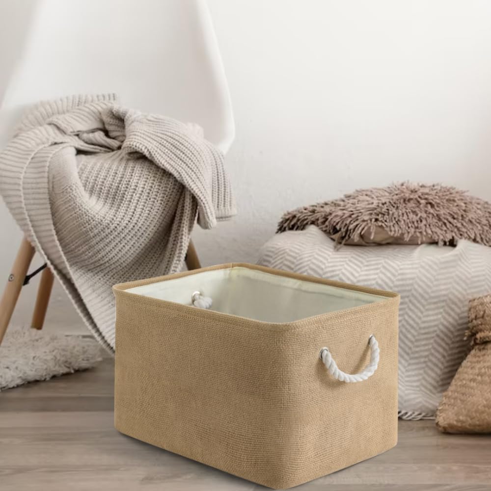 Sacyic Organization and Storage Basket for Organizing - 17X15X12 inch 2 Pack Collapsible Baskets for Shelves, Fabric Storage Cubes with Rope, Storage Box for Cloth Decorative Gift (Beige)