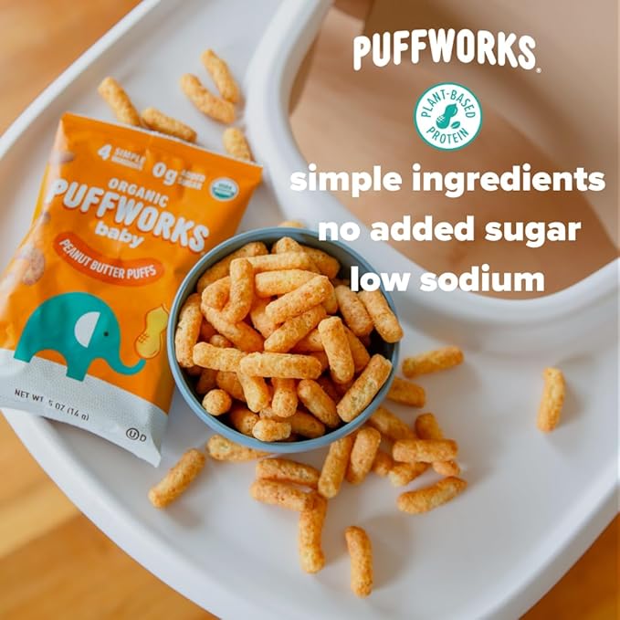 Puffworks Baby Peanut and Almond Variety Pack, Perfect for Early Peanut Introduction, Plant Protein, USDA Organic, Gluten-Free, Vegan, Non-GMO, Kosher, 1.0 Ounce (Pack of 6)
