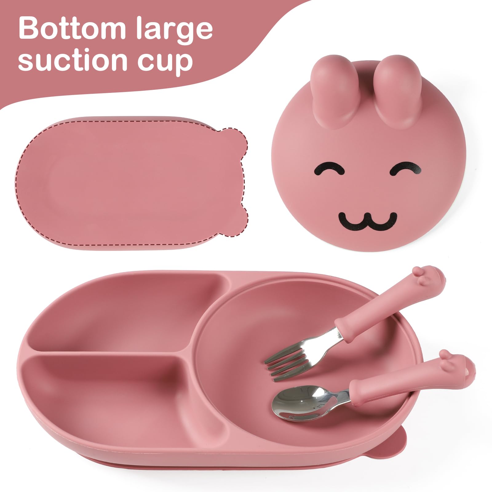 Silicone Baby Plate,Toddler plates,Self-feeding of infants after weaning, 100% Food Grade Silicone, BPA Free, Baby Dinnerware, Baby Plates With Suction, Divided Plate for Babies (pink)