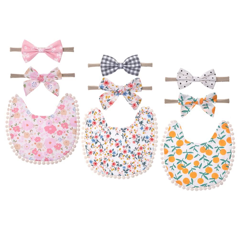 Esumun Baby Girls Reversible Floral Print Bibs Saliva Towel Set, Flounce Edged Burp Cloth and Bow Headband for Newborn Infant Toddlers(SET A)