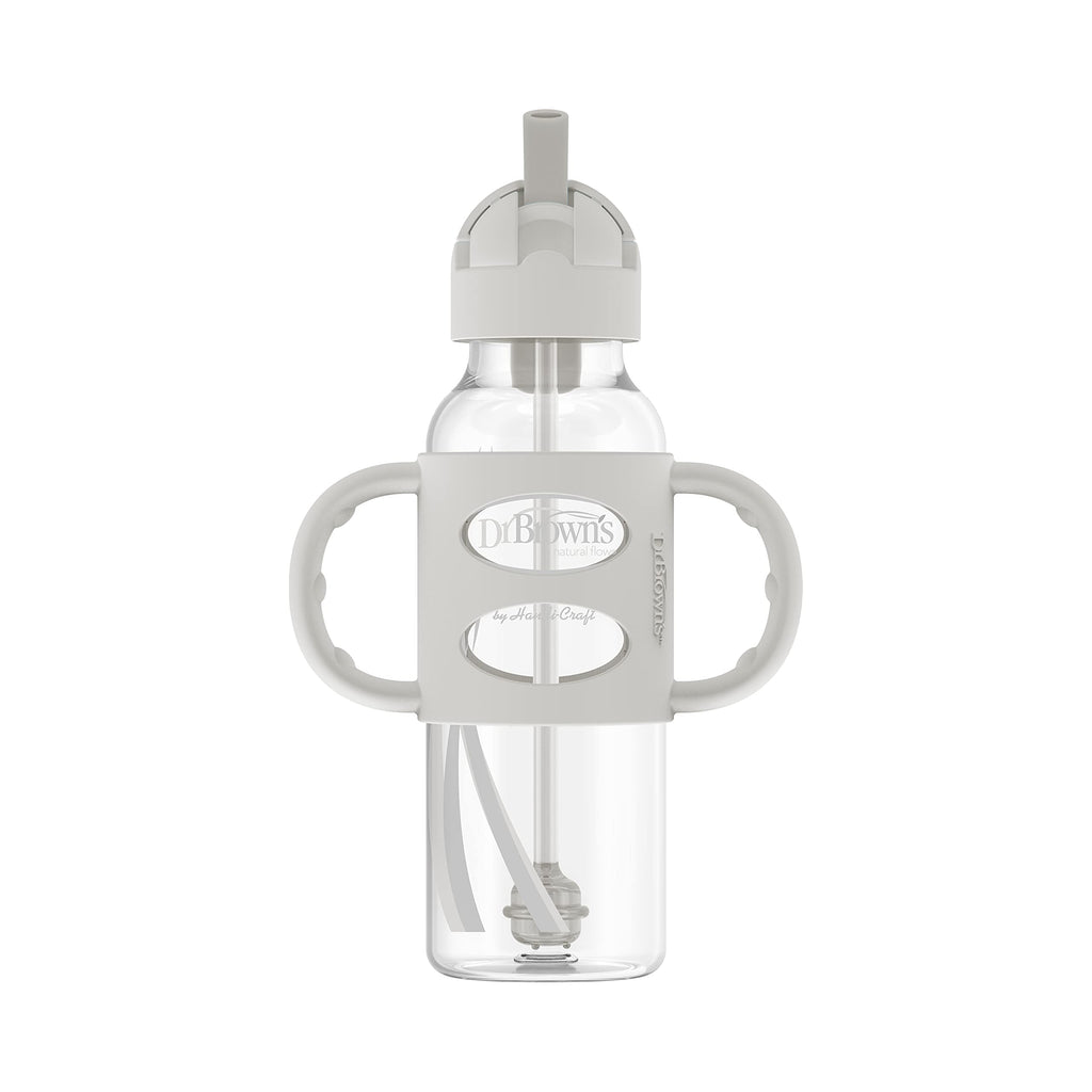 Dr. Brown's Milestones Narrow Sippy Straw Bottle, Spill-Proof with 100% Silicone Handles and Weighted Straw, 8 oz/250 mL, Gray/Pink, 6m+