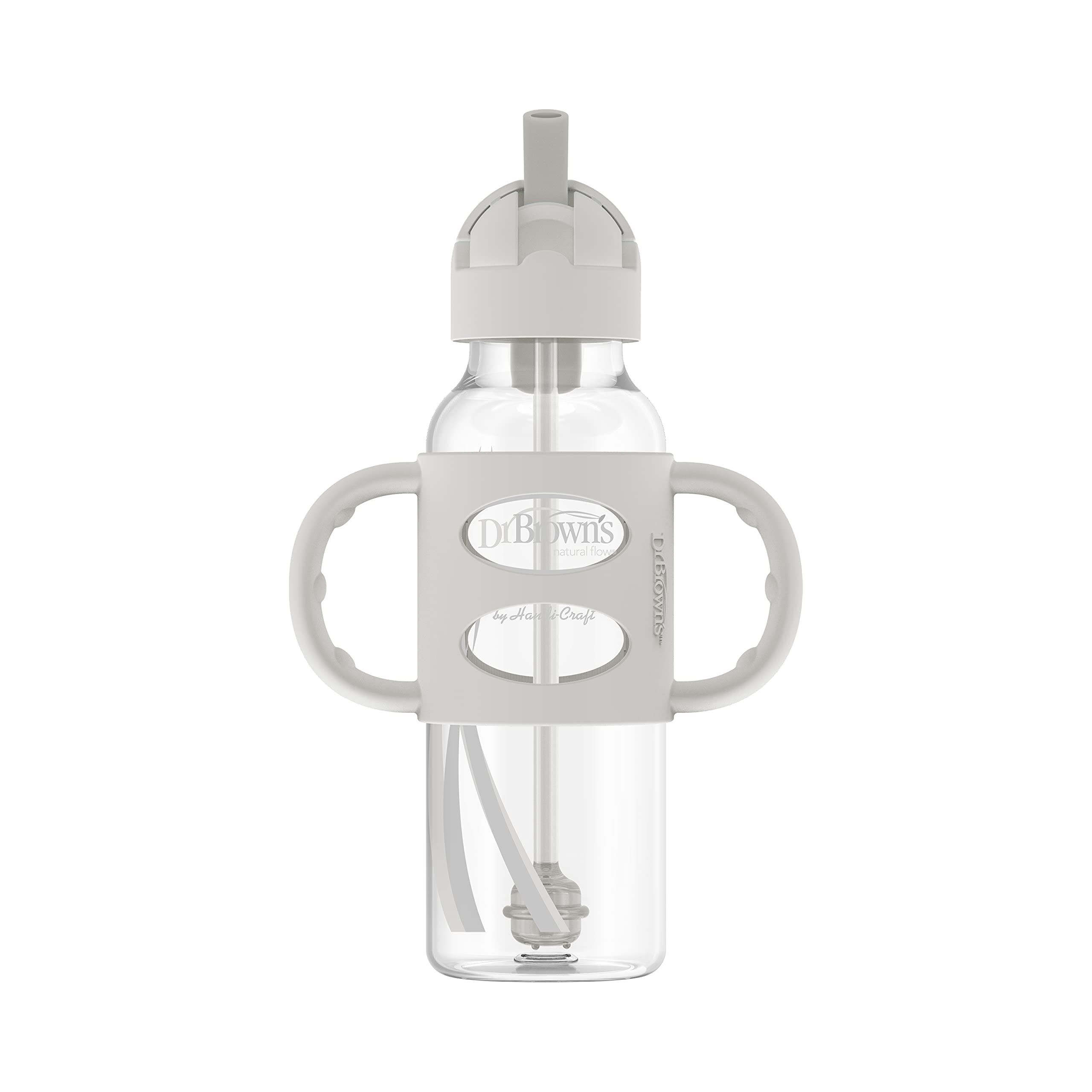 Dr. Brown's Milestones Narrow Sippy Straw Bottle, Spill-Proof with 100% Silicone Handles and Weighted Straw, 8 oz/250 mL, Gray/Pink, 6m+