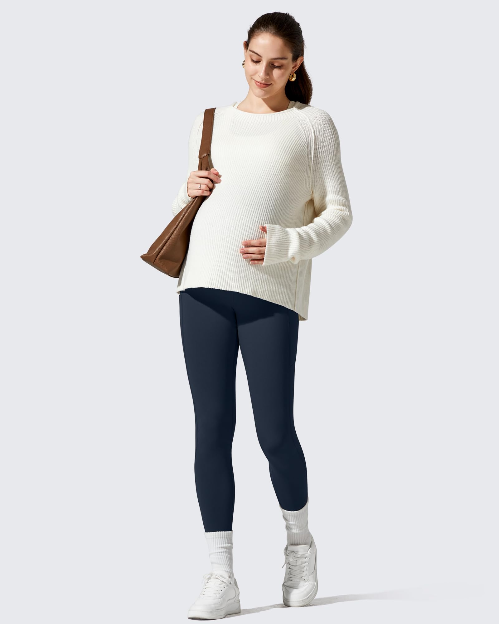 G4Free Fleece Maternity Pants with Pockets Over Bump Yoga,Dark Navy,XL,29"