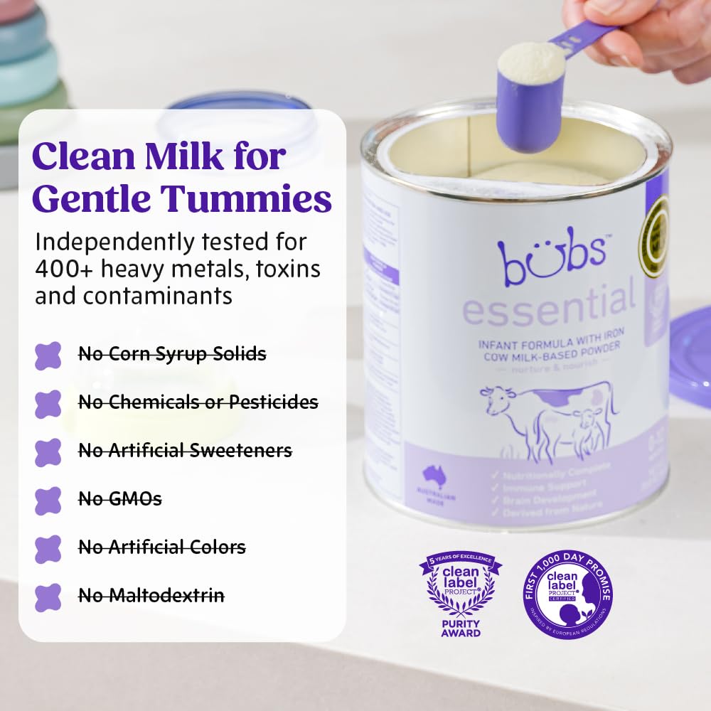 Bubs Essential Infant Formula, with Iron, Cow Milk-Based Powder, for Infants 0-12 Months, Made with Non-GMO Milk, 20 oz
