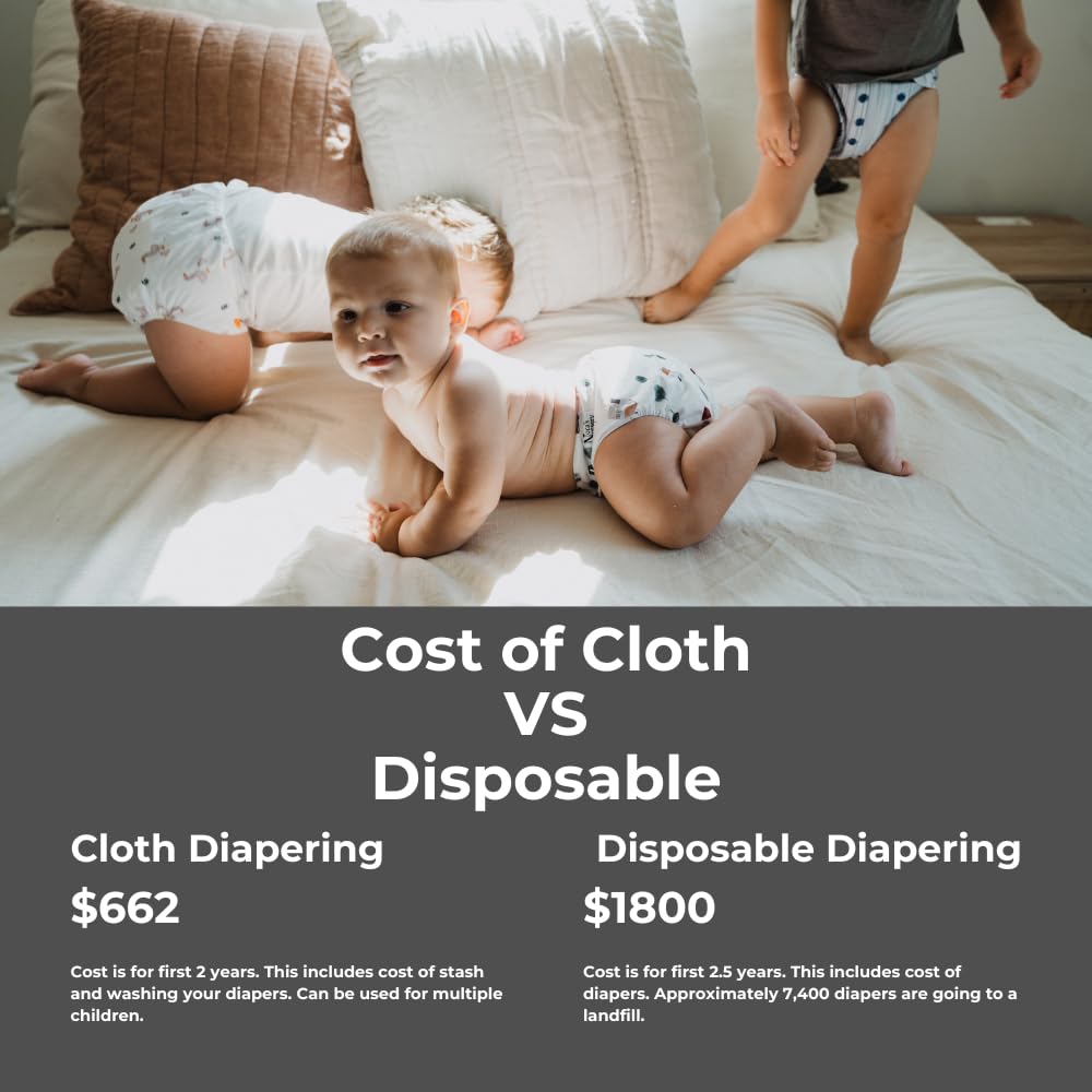 Nora's Nursery Cloth Diapers 7 Pack with 7 Inserts & 1 Wet Bag - Waterproof Cover, Washable, Reusable & One Size Adjustable Pocket Diapers for Newborns and Toddlers -Geared up