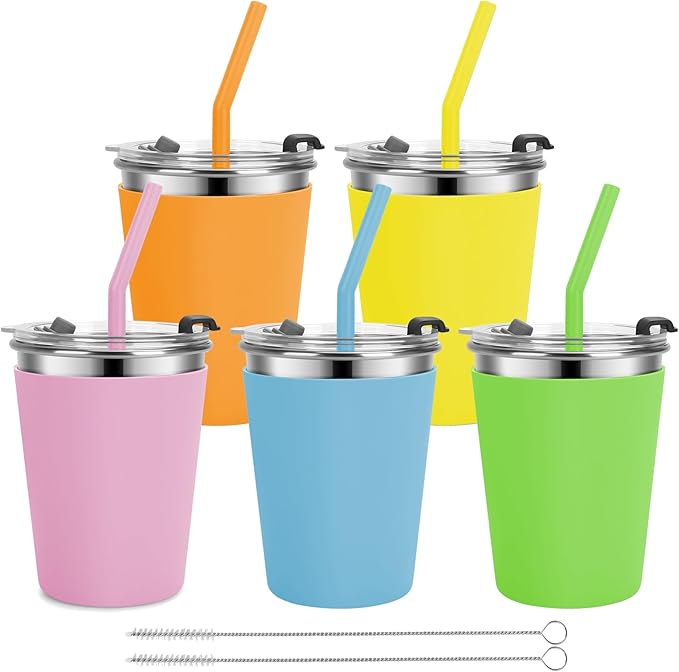 Kids Cups with Straws and Lids, 5 Pack 12oz Spill Proof Toddlers Straws Tumbler with Lids, Stainless Steel Kids Cups with Lids for School, Outdoor, Multicolor