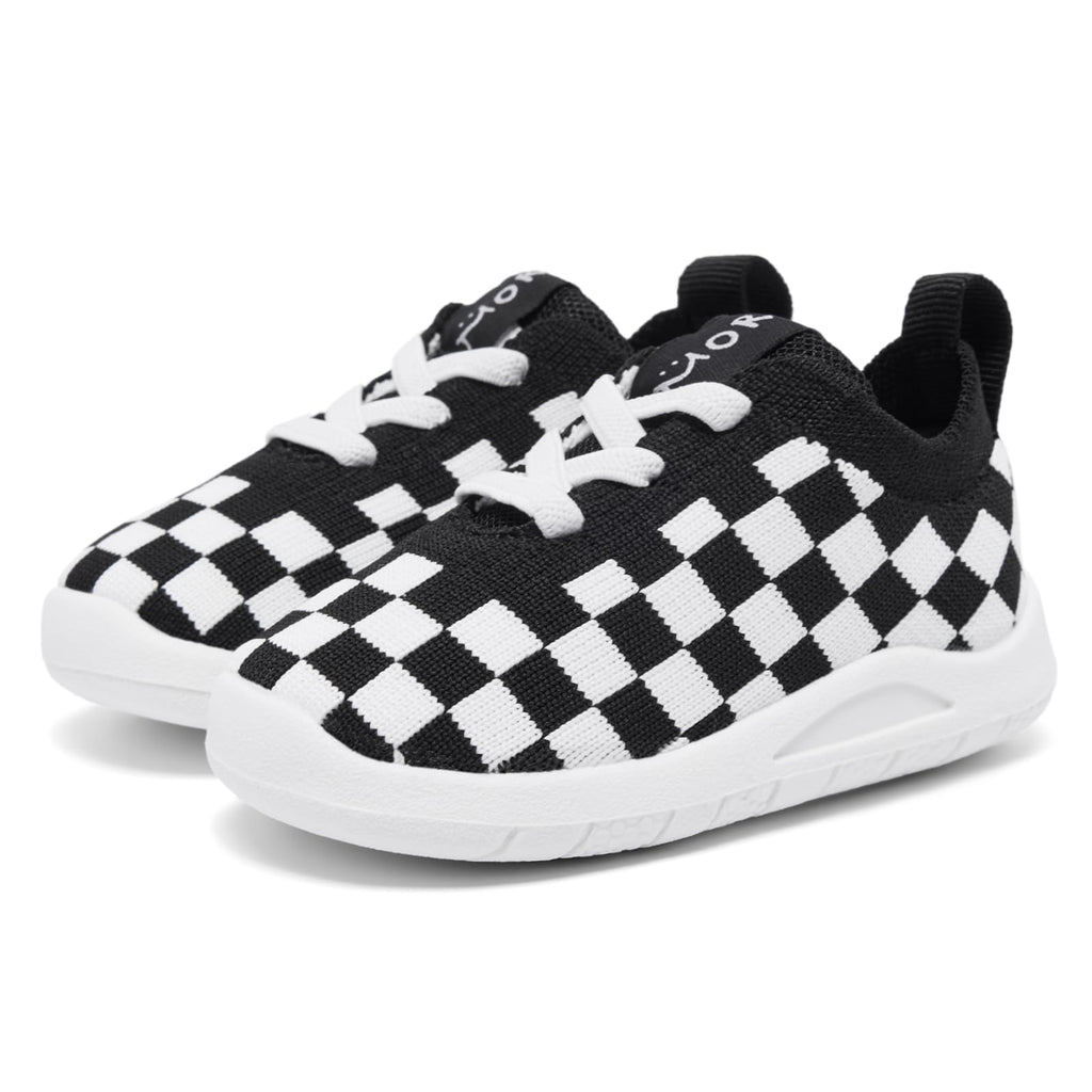 MORENDL Toddler Shoes Baby Walking Sock Shoes Infant Sneakers Boy Girl Barefoot Tennis Shoe Non-Slip Brethable Black Check 15-18 Months