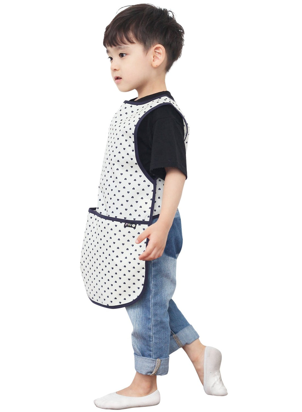 Plie Kids Painting Apron – Waterproof Art Smock for Toddlers & Preschoolers, Messy Play, Baking, Crafts, Cooking, Sensory Activities, Mealtime (Ages 1–10), Navy Heart Dot (26-M)