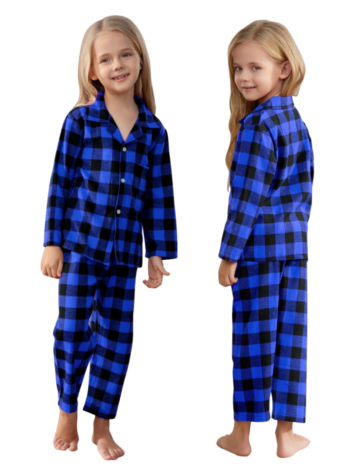 Schbbbta Pajamas Women, Ladies Cotton Plaid Flannel Shirt+ Pajama Pants Set Sleepwear For Family, Black Blue, US M