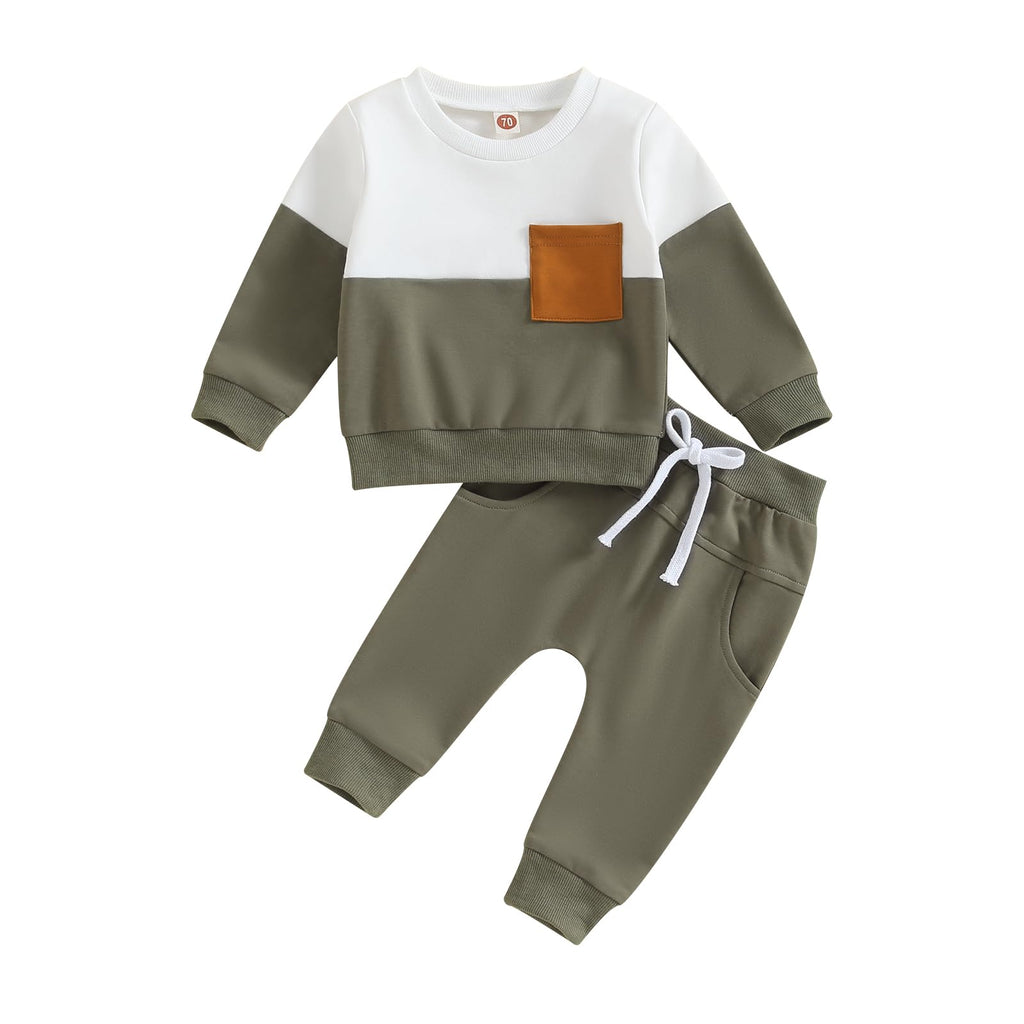 Lucikamy Toddler Baby Boy Fall Outfits Long Sleeve Crew Neck Pullover Sweatshirt + Jogger Pants Set Infant Winter Clothes (Army Green Blue Patchwork, 0-6 Months)
