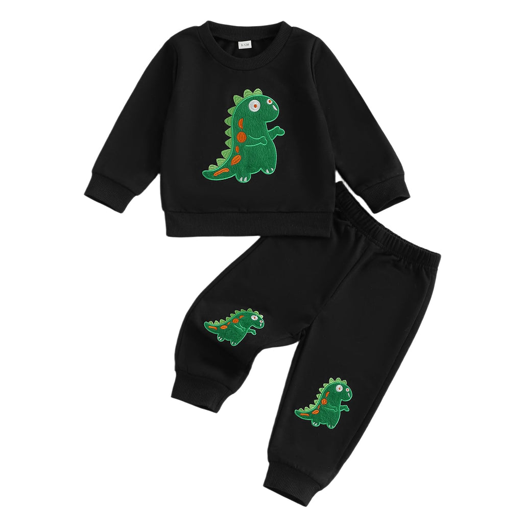 Nyapruwe Toddler Baby Boys Fall Winter Outfits Funny Print Top Pants Set (Black Dinosaur, 12-18 Months)