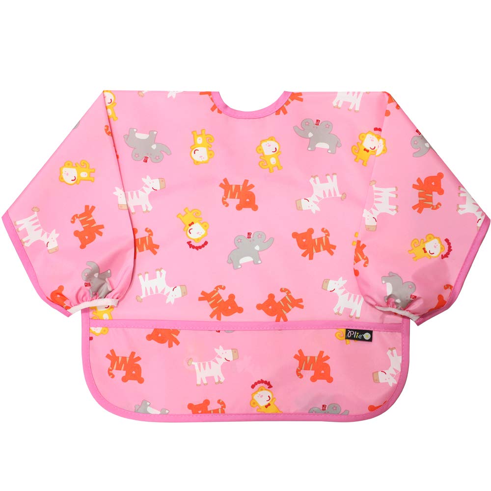 Plie Long Sleeve Waterproof Bib for Toddlers – Soft Feeding Smock for Baby Mealtime, Self-Feeding, Painting & Messy Play, BPA-Free, Easy Clean (6–24 Months) - Pink/Animals