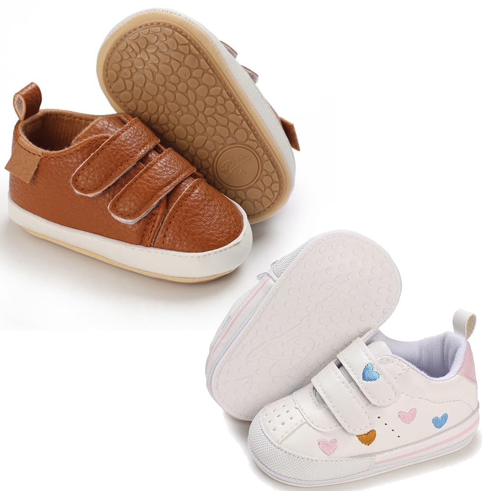 eitwo 2Pairs Baby Shoes,Boys Girls Non-Slip Rubber Sole Sneakers,Unisex Infant Soft Lightweight First Walking Crib Shoes (2Pairs_Heart+Brown,12-18 Months)