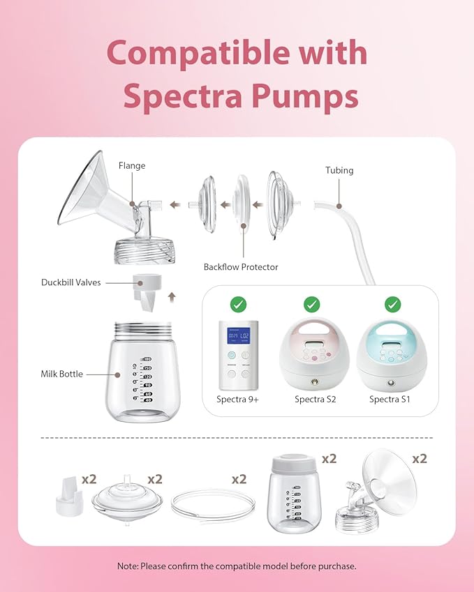 Breast Pump Parts Compatible with Spectra S1/S2/9 Plus, Not Original Accessories, Full Set Replacements Include 21mm Flanges, Valves, Backflow Protectors (Duckbills Included), Tubings and Bottles
