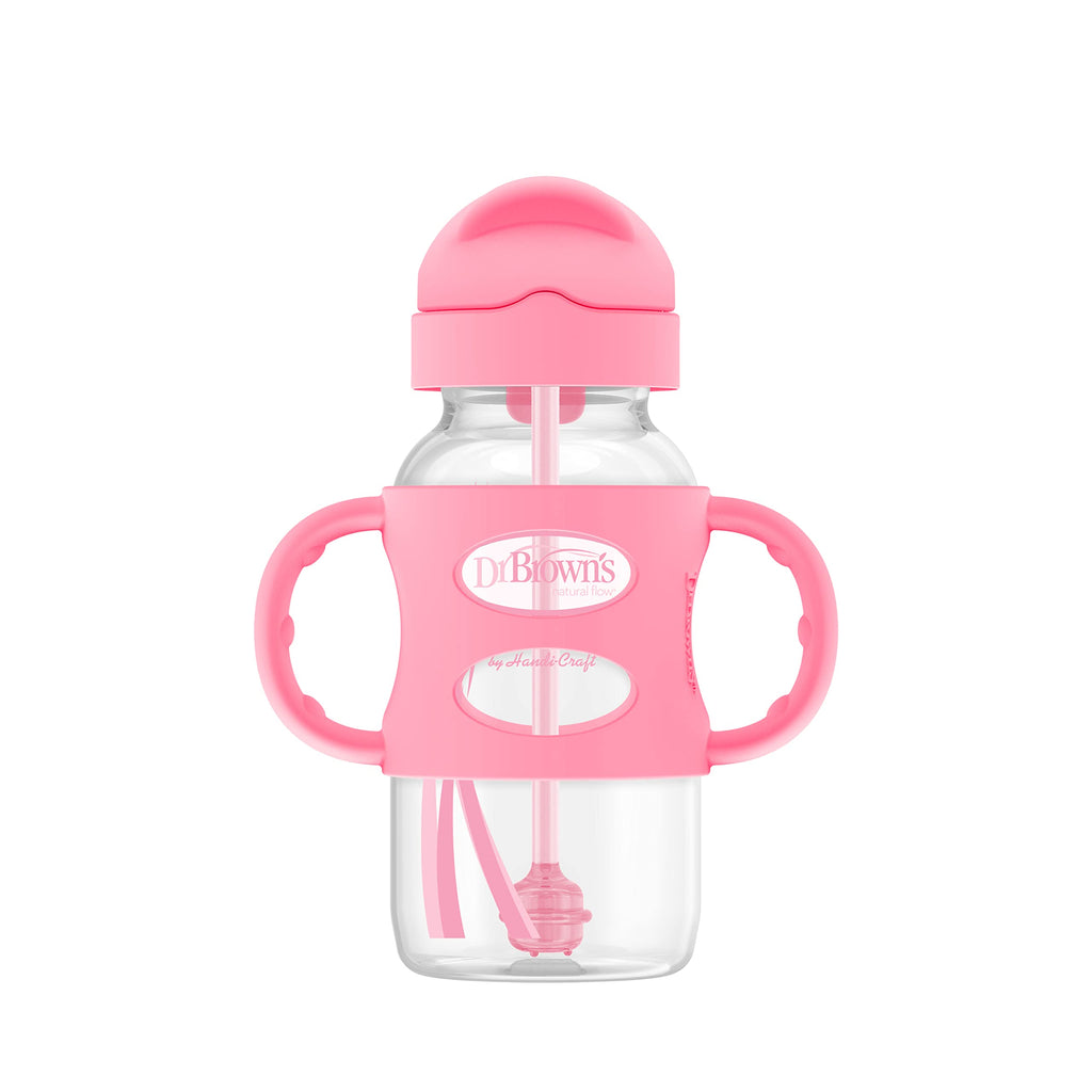 Dr. Brown's Wide-Neck Sippy Straw Bottle with Handles, Pink, 9oz/270ml, 1-Pack